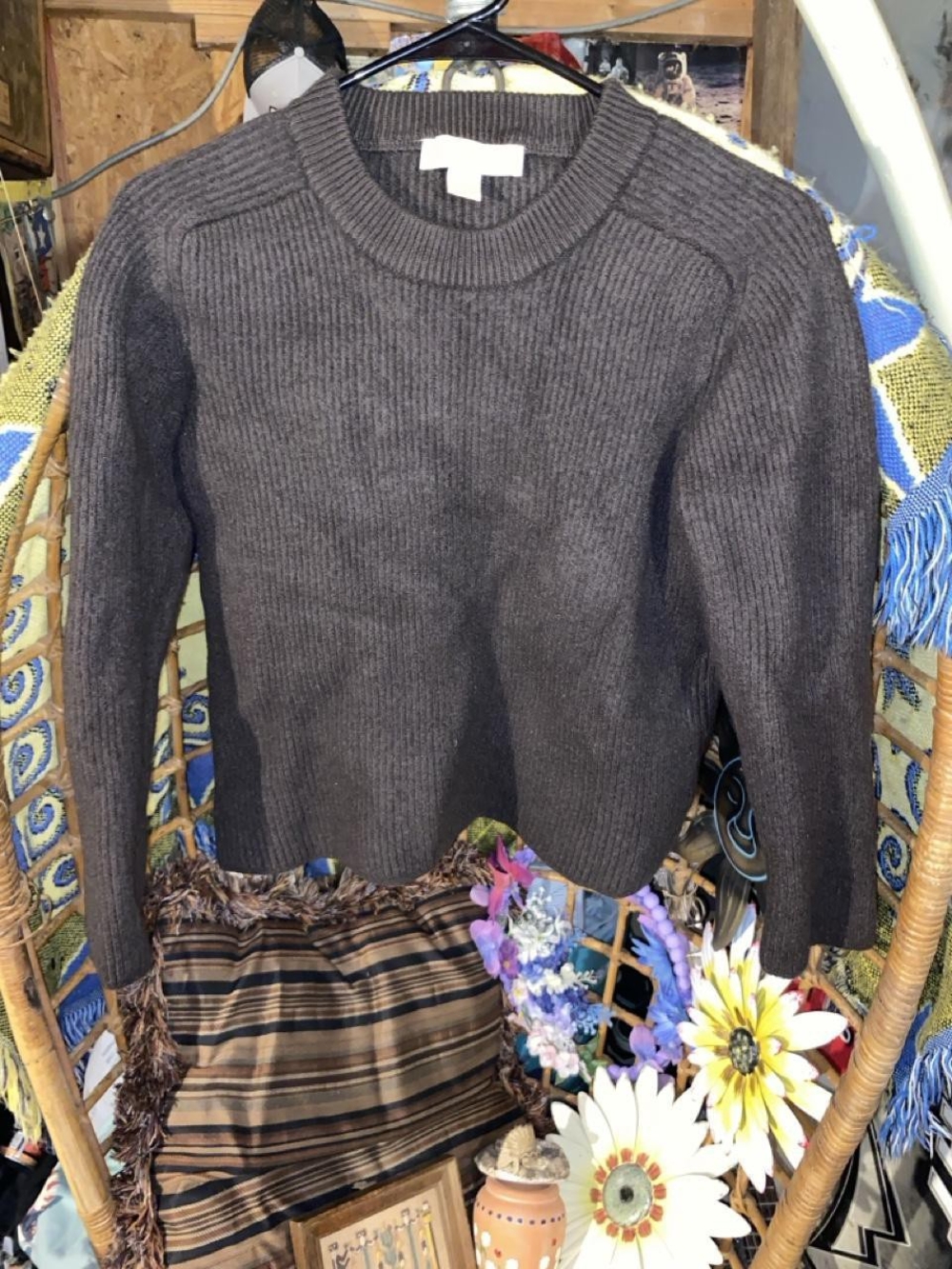 MICHAEL Michael Kors Brown Ribbed Knit Cropped Sweater Small Crewneck